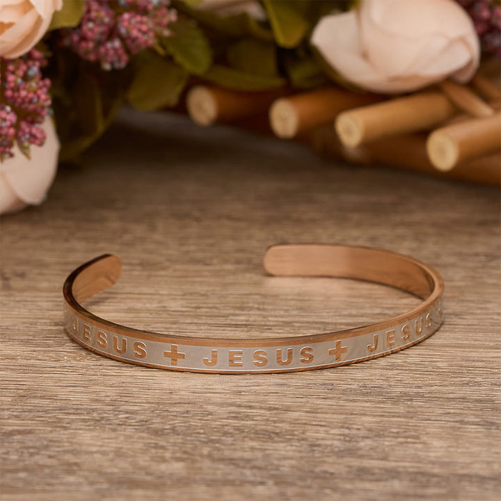 Christianartworkshop Engraved JESUS Cuff Bracelet in Gold, Silver, Rose Gold: A Reminder of Divine Grace - Rosegold - image 5