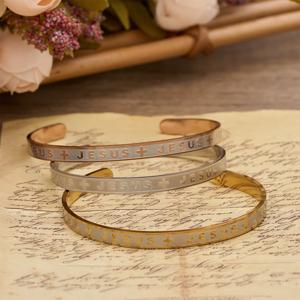 Christianartworkshop Engraved JESUS Cuff Bracelet in Gold, Silver, Rose Gold: A Reminder of Divine Grace - image 0