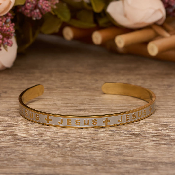 Christianartworkshop Engraved JESUS Cuff Bracelet in Gold, Silver, Rose Gold: A Reminder of Divine Grace - Golden - image 3