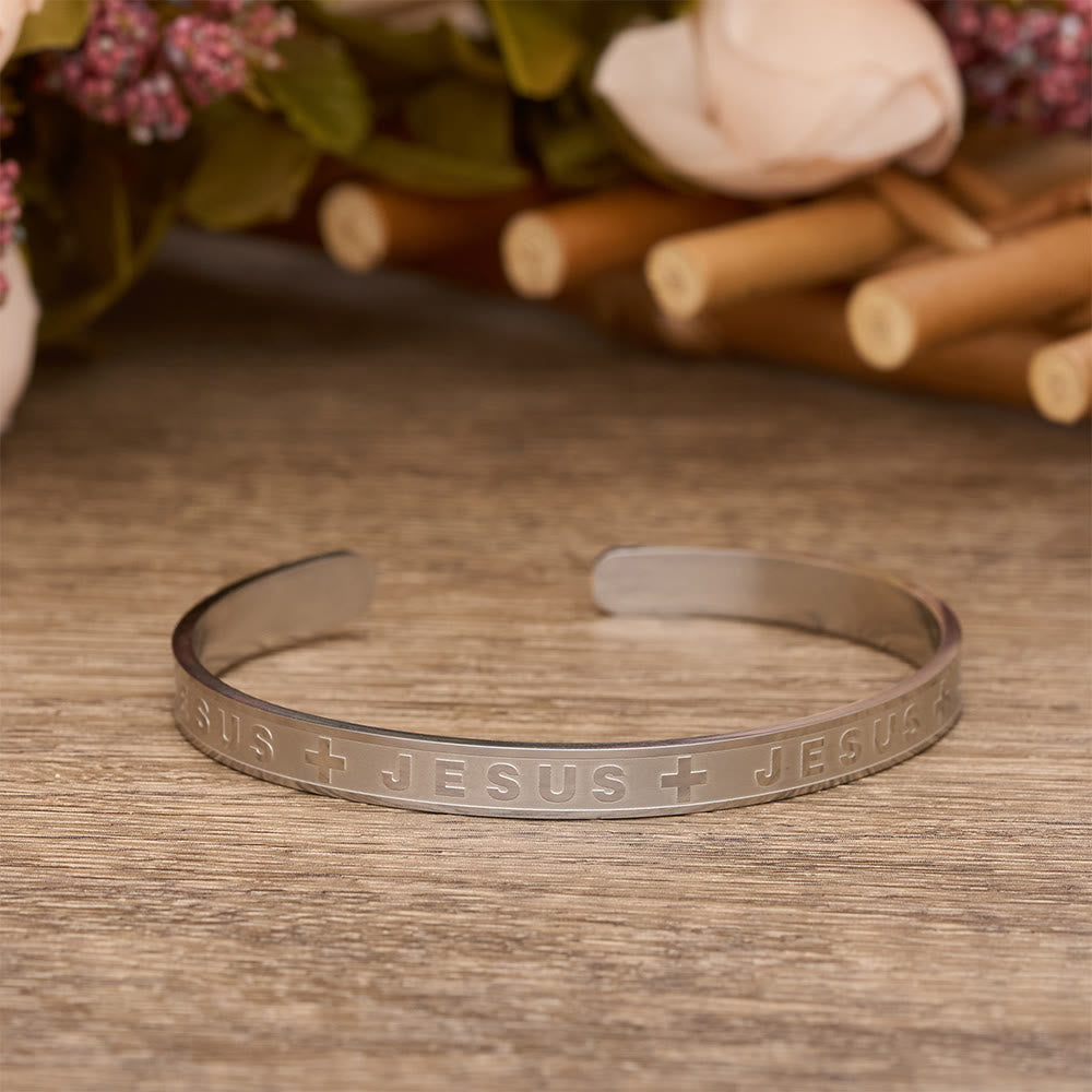 Christianartworkshop Engraved JESUS Cuff Bracelet in Gold, Silver, Rose Gold: A Reminder of Divine Grace - Silver - image 4