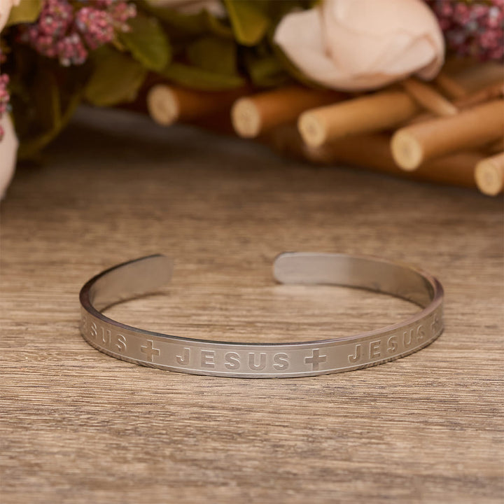 Christianartworkshop Engraved JESUS Cuff Bracelet in Gold, Silver, Rose Gold: A Reminder of Divine Grace - Silver - image 4