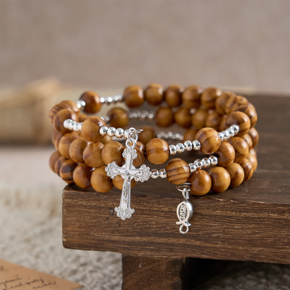 Christianartworkshop Natural Olive Wood Memory Wire Rosary Bracelet with Ichthys & Crucifix - image 4