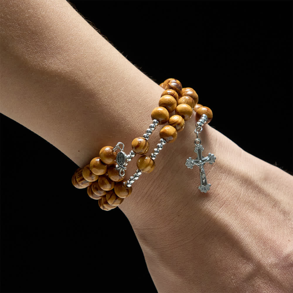 Christianartworkshop Natural Olive Wood Memory Wire Rosary Bracelet with Ichthys & Crucifix - image 1
