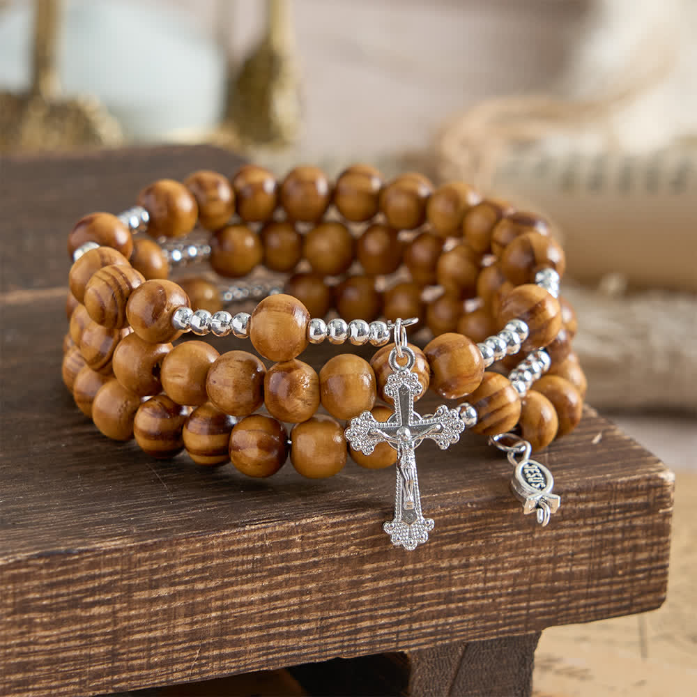 FREE Today: Natural Olive Wood Memory Wire Rosary Bracelet with Ichthys & Crucifix - Wrist Circumference: 7.08"-9.06''/18-23cm - image 0