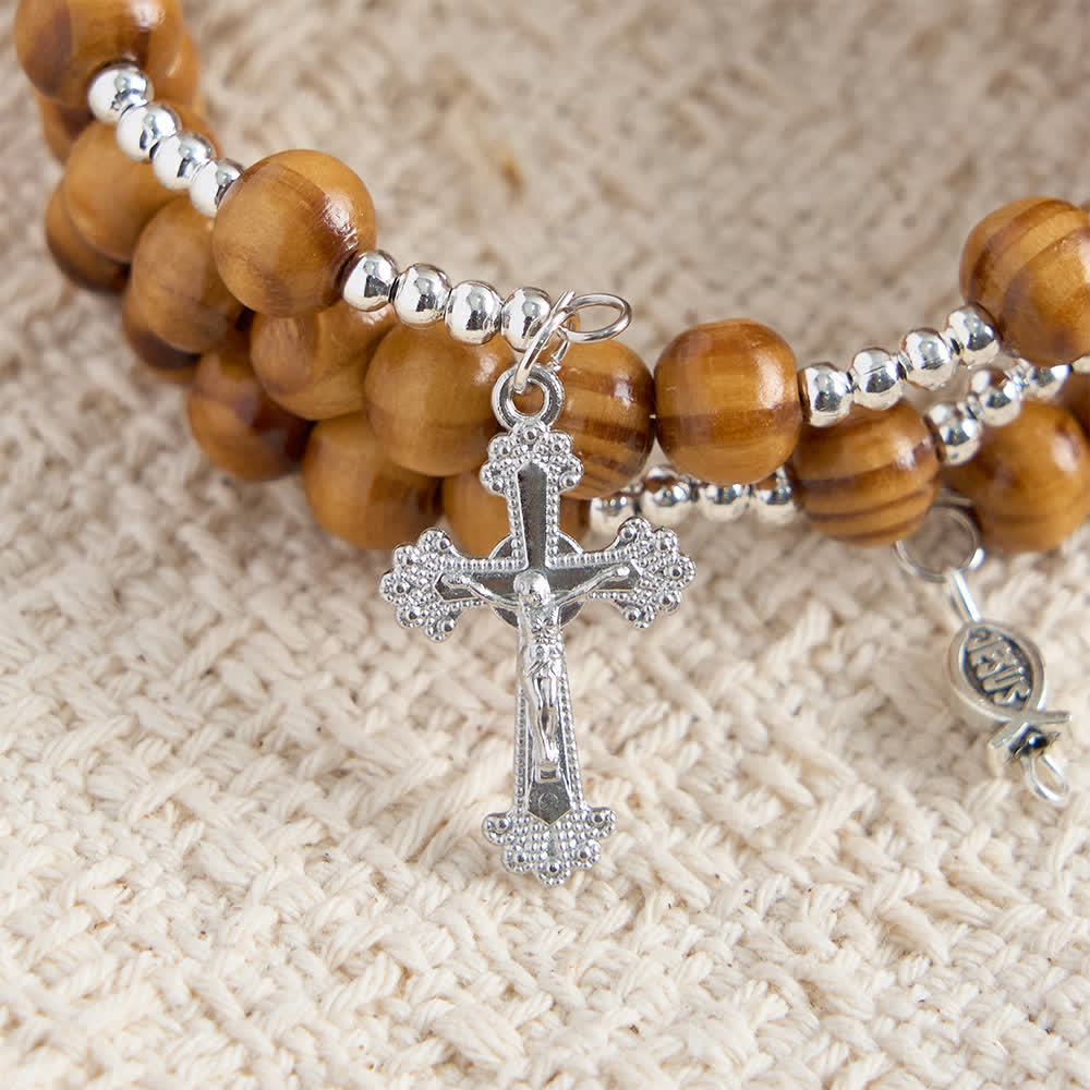 Christianartworkshop Natural Olive Wood Memory Wire Rosary Bracelet with Ichthys & Crucifix - image 9