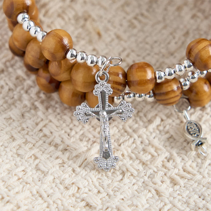 Christianartworkshop Natural Olive Wood Memory Wire Rosary Bracelet with Ichthys & Crucifix - image 9