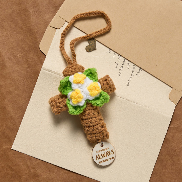 Christianartworkshop Crocheted Cross Car Charm with Inspirational Bible Verse Discs: A Reminder of Divine Grace - 1 SET (1 Cross & 6 Pendant) - image 0