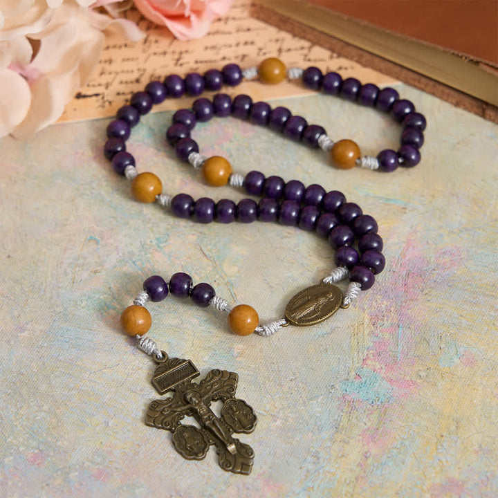 Christianartworkshop Deep Purple Maple Wood & Peachwood Rosary with Miraculous Medal for Peaceful Guard - Our Lady & Crucifix - image 0