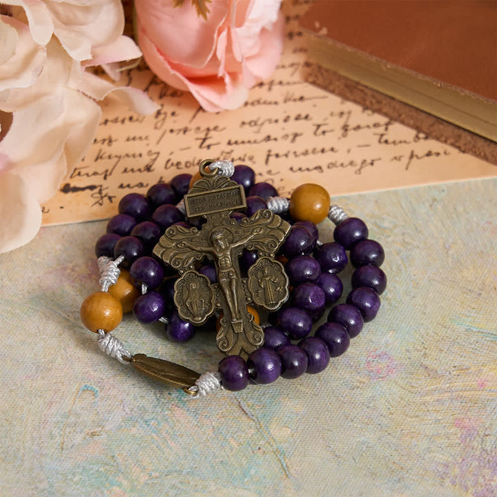 Christianartworkshop Deep Purple Maple Wood & Peachwood Rosary with Miraculous Medal for Peaceful Guard - image 2