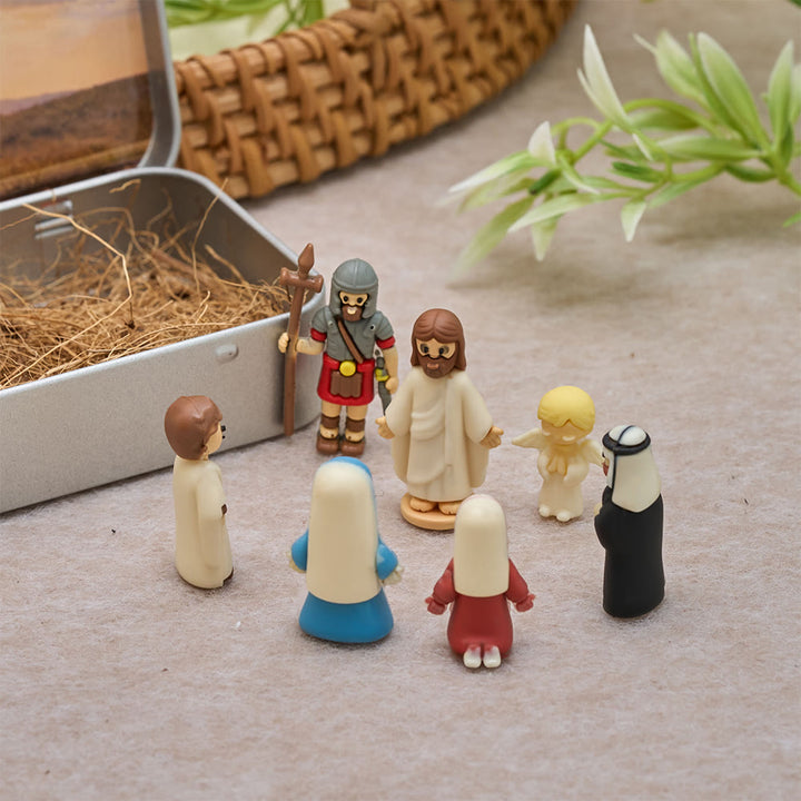 FREE Today: Nativity Scene & Crucifixion Scene Miniature Figurine Set with Portable Tin Box: A Symbol of the Christmas Story - Mini Figurine Box - image 0