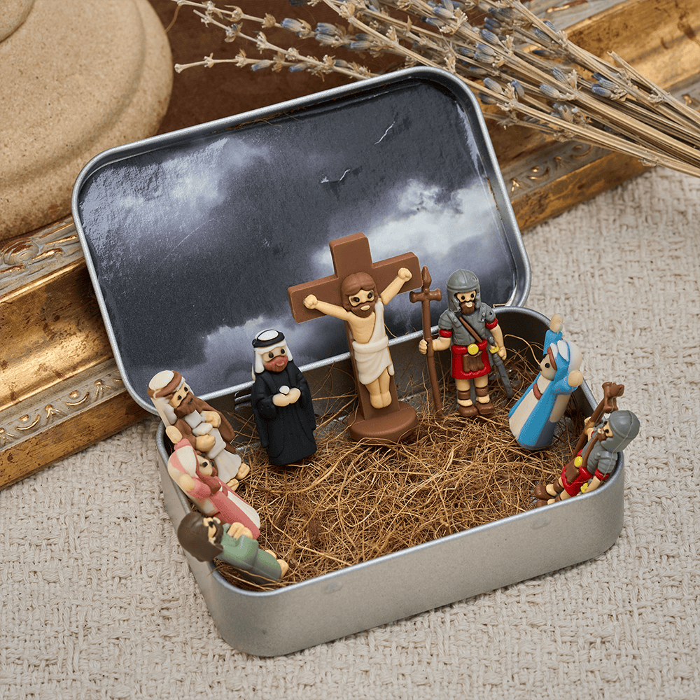 Christianartworkshop Good Friday Crucifixion Scene Mini Figurine Set with Portable Tin Box: A Symbol of Sacrifice - image 1