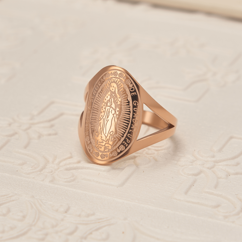Christianartworkshop Our Lady of Guadalupe Engraved Devotional Ring: Emblem of Marian Grace & Divine Protection - Rose Golden - US 10 - image 4