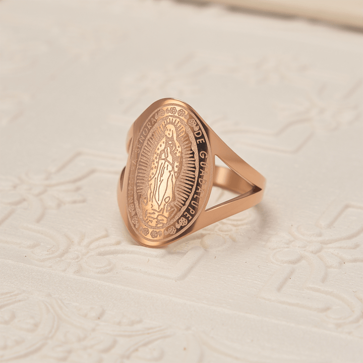 Christianartworkshop Our Lady of Guadalupe Engraved Devotional Ring: Emblem of Marian Grace & Divine Protection - Rose Golden - US 10 - image 4