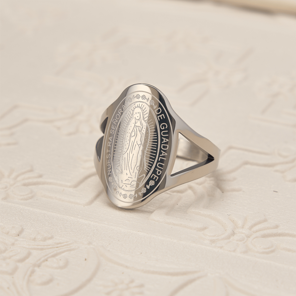 Christianartworkshop Our Lady of Guadalupe Engraved Devotional Ring: Emblem of Marian Grace & Divine Protection - Silver - US 10 - image 3