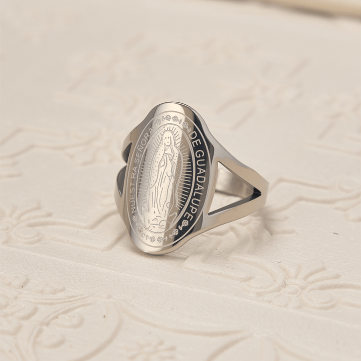 Christianartworkshop Our Lady of Guadalupe Engraved Devotional Ring: Emblem of Marian Grace & Divine Protection - Silver - US 10 - image 3