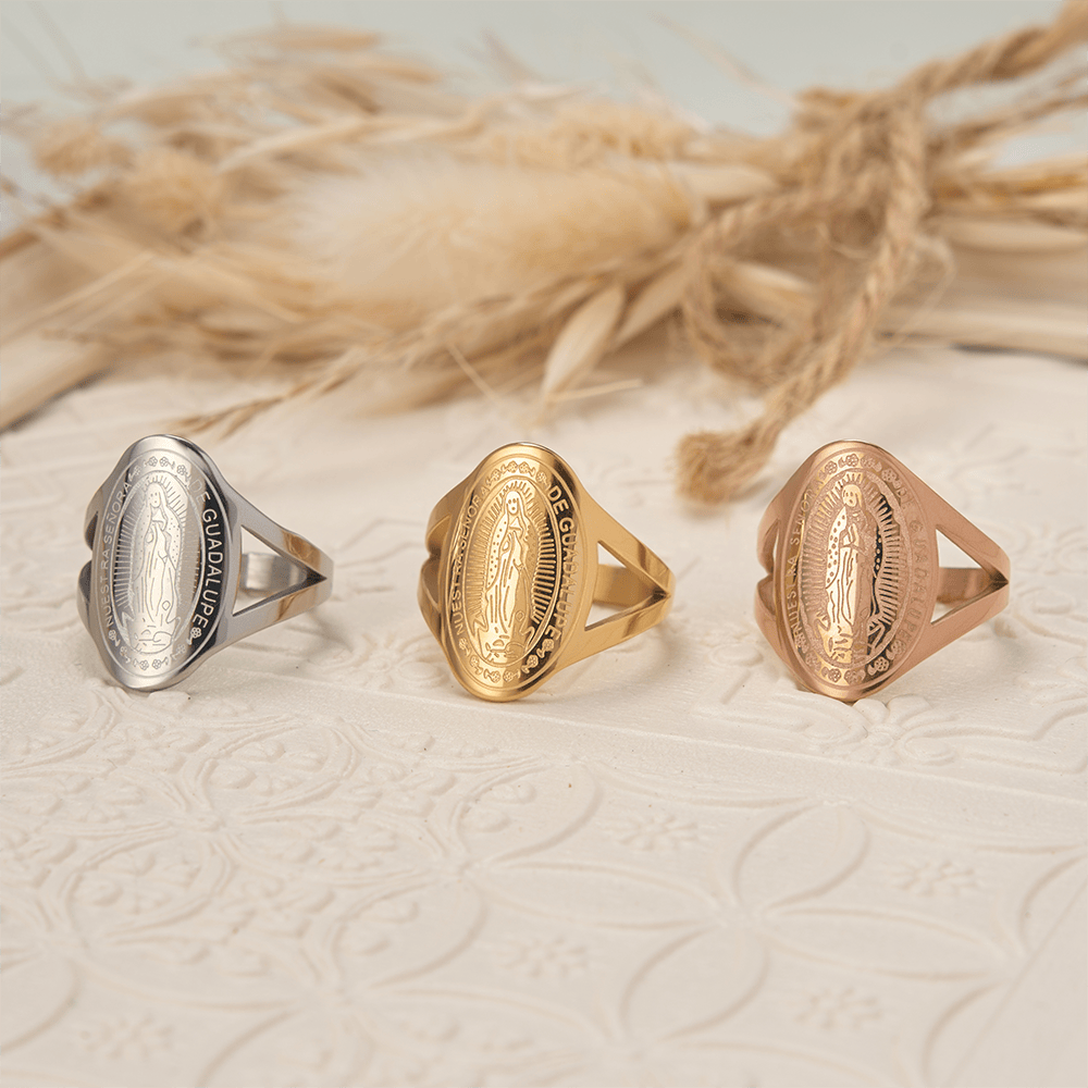 Christianartworkshop Our Lady of Guadalupe Engraved Devotional Ring: Emblem of Marian Grace & Divine Protection - image 0