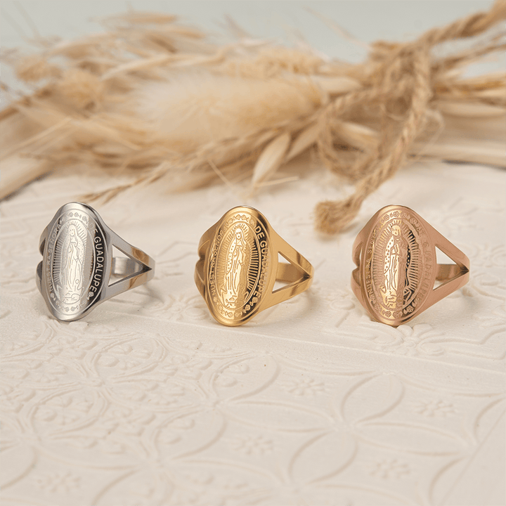Christianartworkshop Our Lady of Guadalupe Engraved Devotional Ring: Emblem of Marian Grace & Divine Protection - image 0