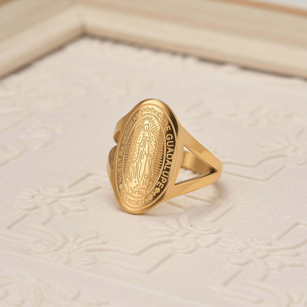 Christianartworkshop Our Lady of Guadalupe Engraved Devotional Ring: Emblem of Marian Grace & Divine Protection - Golden - US 10 - image 2