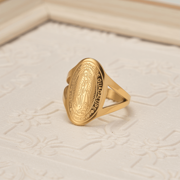 Christianartworkshop Our Lady of Guadalupe Engraved Devotional Ring: Emblem of Marian Grace & Divine Protection - Golden - US 10 - image 2