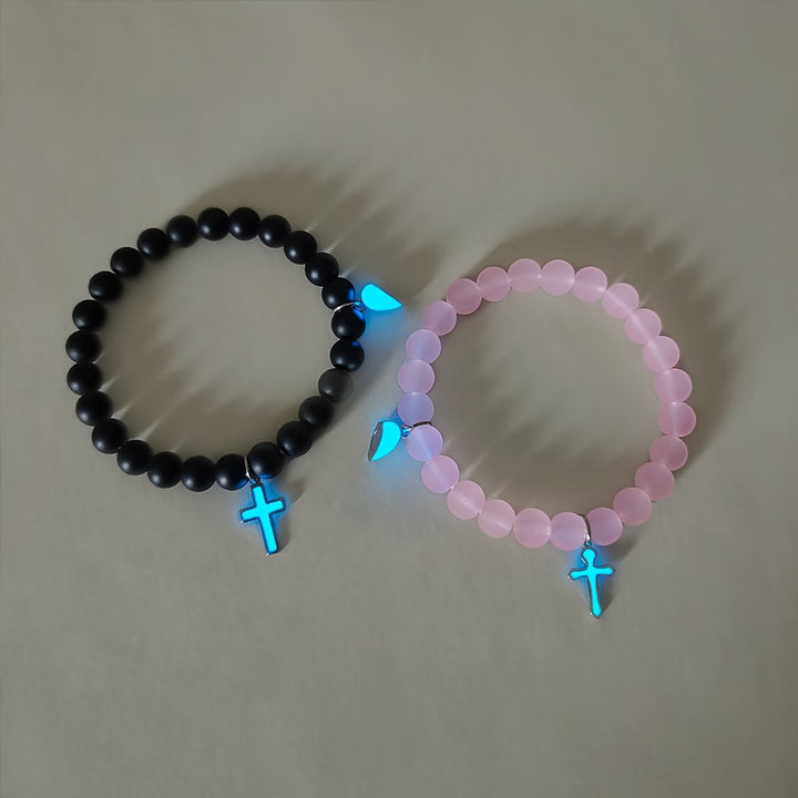 Christianartworkshop Glowing Cross Matching Beaded Bracelets with Magnetic Heart Clasp: A Symbol of United Faith & Shared Love - Black & Pink Cross Set - image 10