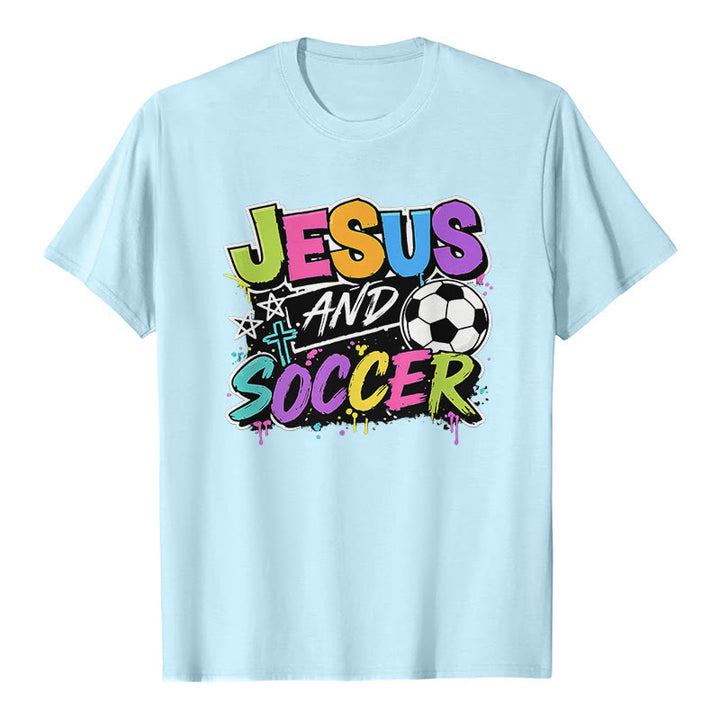 Christianartworkshop Jesus and Soccer Graffiti Style Premium T-Shirt - Blue - 2XL - image 5
