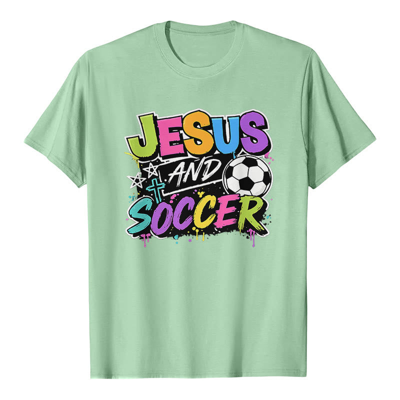 Christianartworkshop Jesus and Soccer Graffiti Style Premium T-Shirt - Light Green - 2XL - image 3