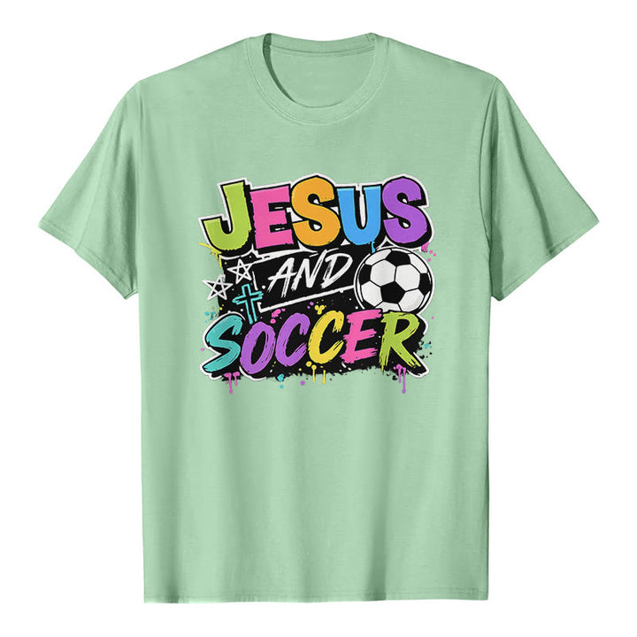 Christianartworkshop Jesus and Soccer Graffiti Style Premium T-Shirt - Light Green - 2XL - image 3