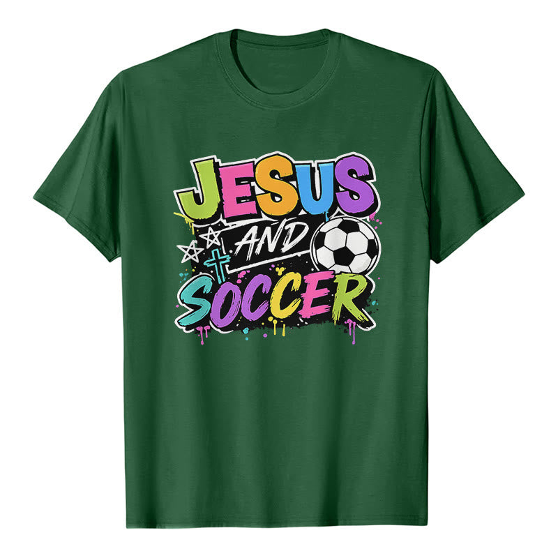 Christianartworkshop Jesus and Soccer Graffiti Style Premium T-Shirt - Dark Green - 2XL - image 4