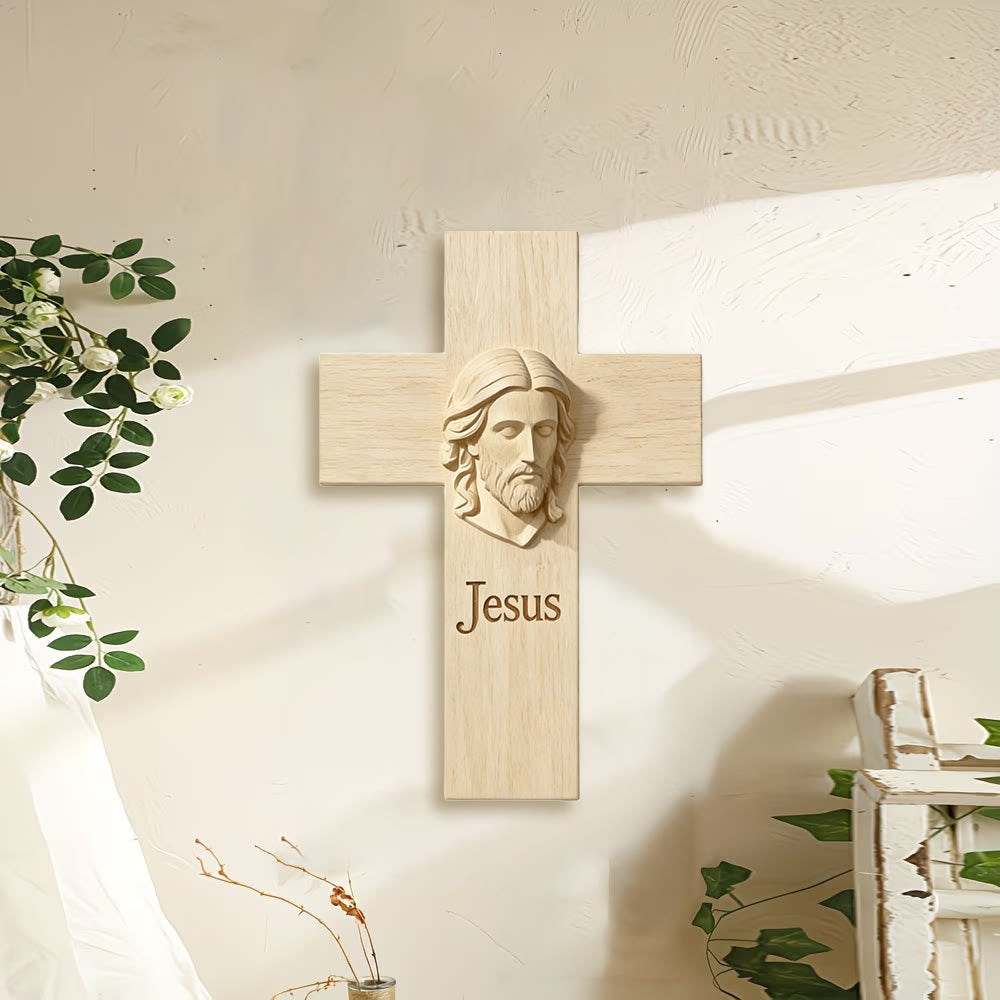 Christianartworkshop Natural Wood Cross Wooden Wall Decor with Printed Jesus Image: A Reminder of Faith and Love - image 1