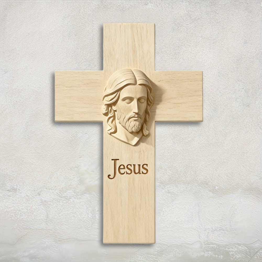 Christianartworkshop Natural Wood Cross Wooden Wall Decor with Printed Jesus Image: A Reminder of Faith and Love - 60cm - image 0