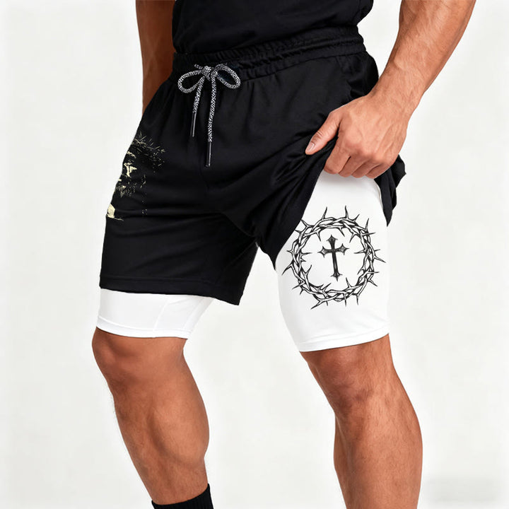Christianartworkshop Jesus & Crown of Thorns Cross Performance Layered Shorts - image 4