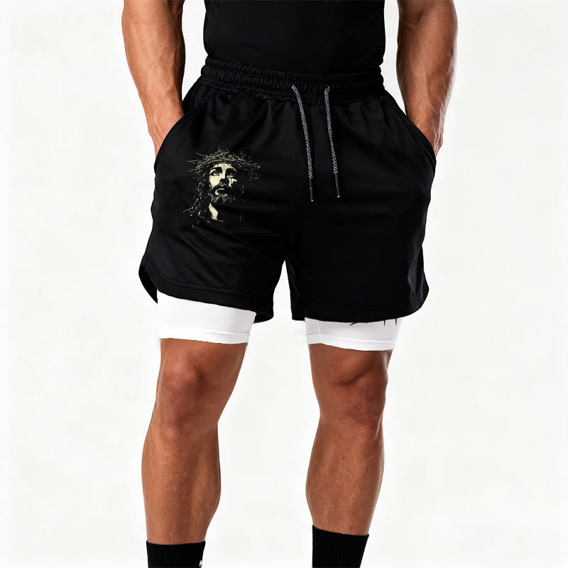 Christianartworkshop Jesus & Crown of Thorns Cross Performance Layered Shorts - image 3