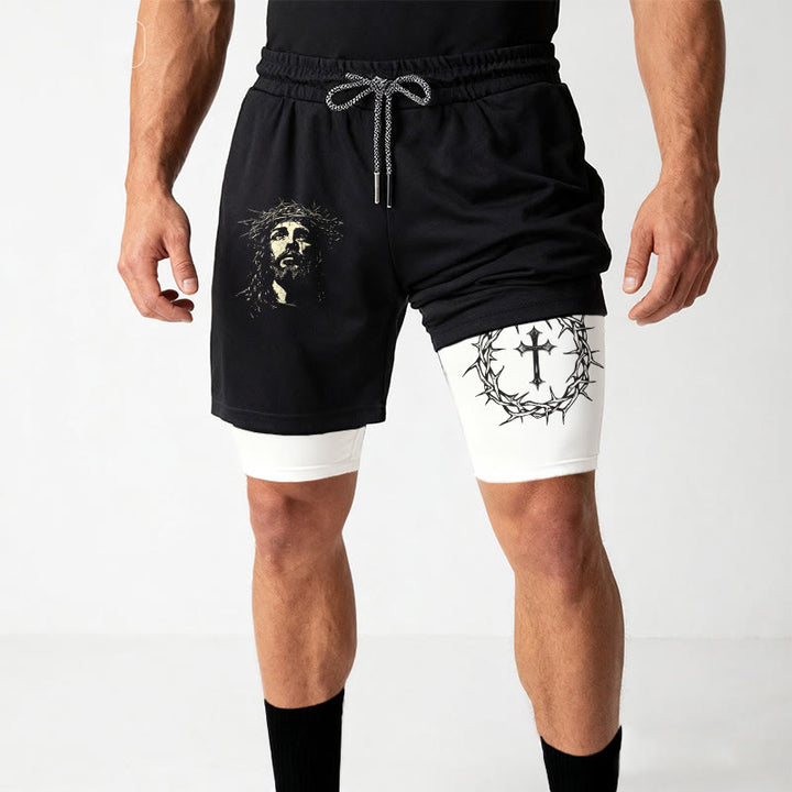 Christianartworkshop Jesus & Crown of Thorns Cross Performance Layered Shorts - image 2