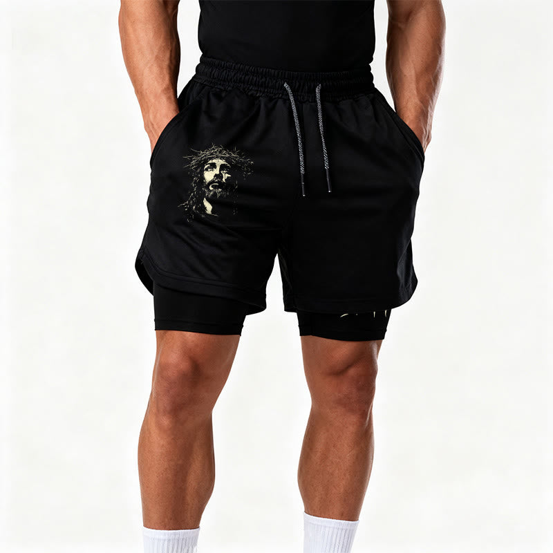 Christianartworkshop Jesus & Crown of Thorns Cross Performance Layered Shorts - image 12