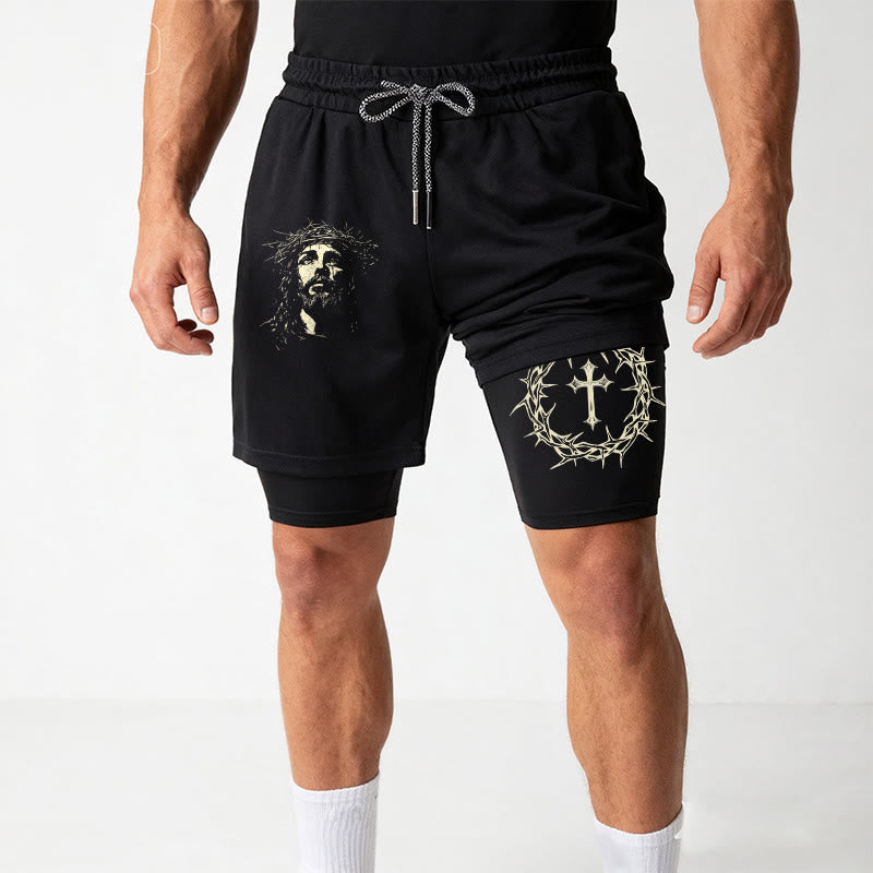 Christianartworkshop Jesus & Crown of Thorns Cross Performance Layered Shorts - image 11