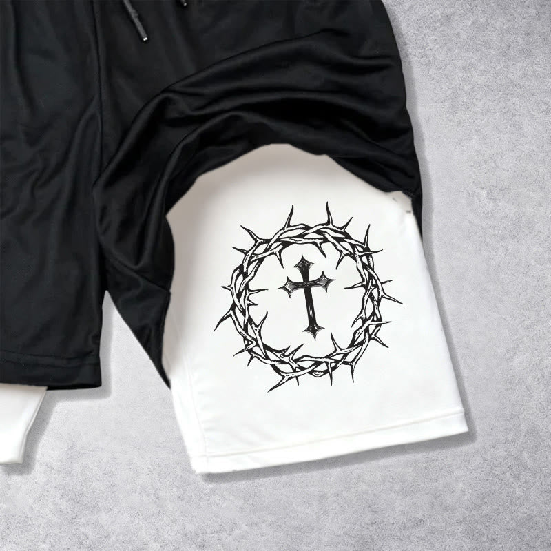 Christianartworkshop Jesus & Crown of Thorns Cross Performance Layered Shorts - image 6