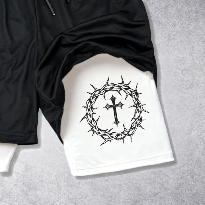 Christianartworkshop Jesus & Crown of Thorns Cross Performance Layered Shorts - image 6