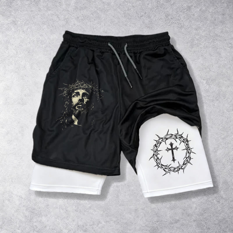 Christianartworkshop Jesus & Crown of Thorns Cross Performance Layered Shorts - image 1