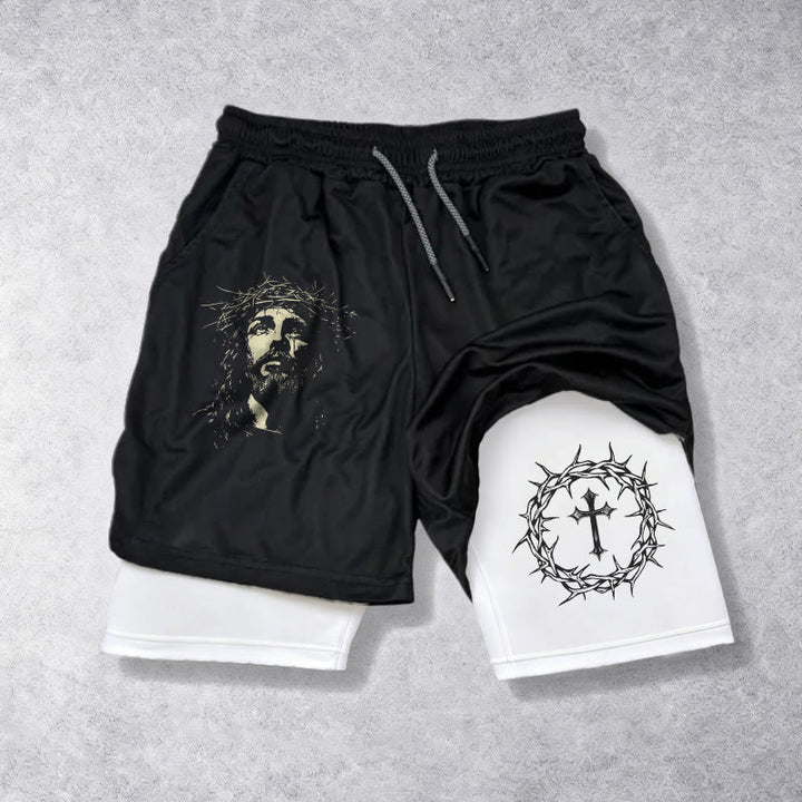 Christianartworkshop Jesus & Crown of Thorns Cross Performance Layered Shorts - image 1