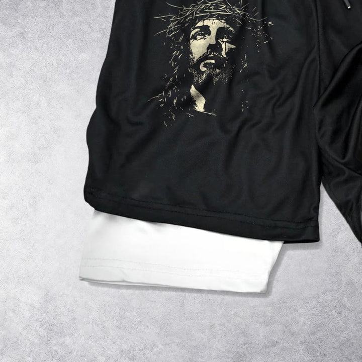 Christianartworkshop Jesus & Crown of Thorns Cross Performance Layered Shorts - image 5