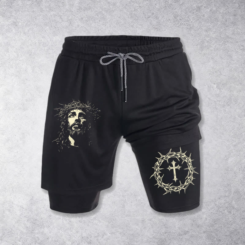 Christianartworkshop Jesus & Crown of Thorns Cross Performance Layered Shorts - Black - 3XL - image 9