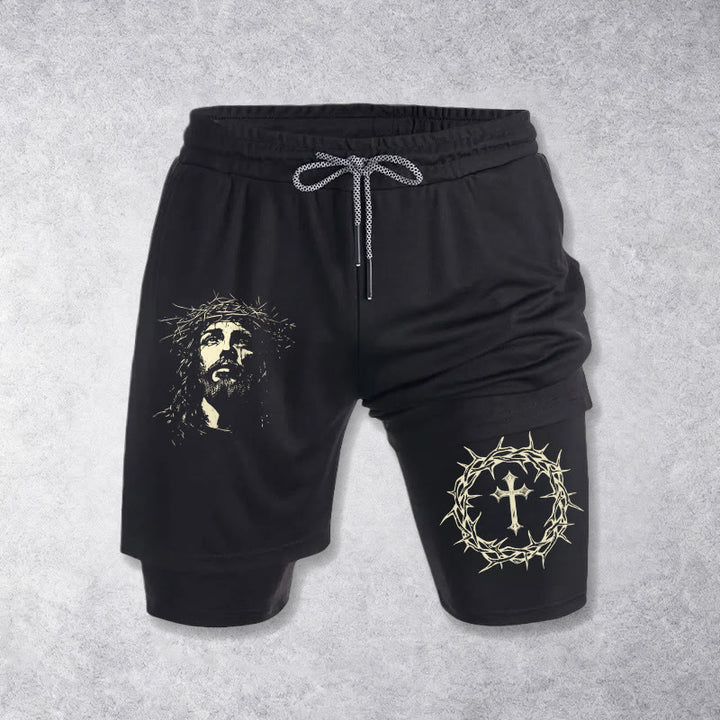 Christianartworkshop Jesus & Crown of Thorns Cross Performance Layered Shorts - Black - 3XL - image 9
