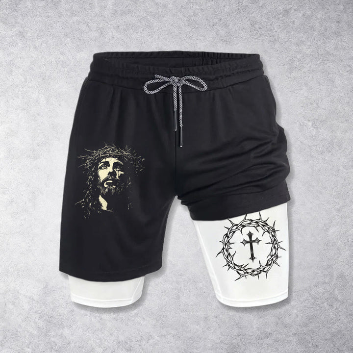 Christianartworkshop Jesus & Crown of Thorns Cross Performance Layered Shorts - White - 3XL - image 0