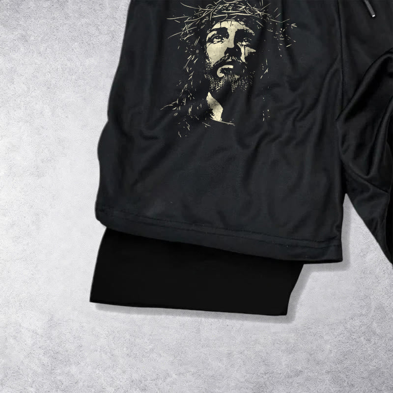 Christianartworkshop Jesus & Crown of Thorns Cross Performance Layered Shorts - image 14
