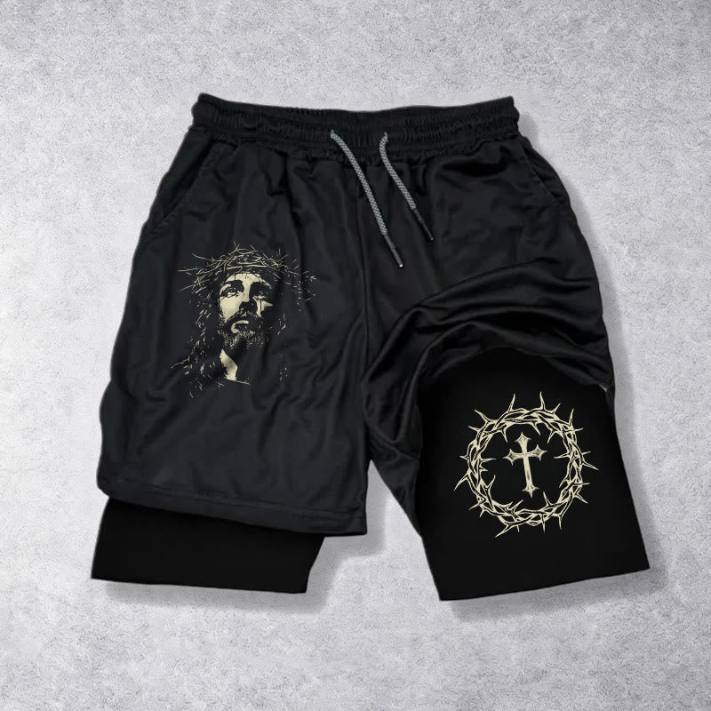 Christianartworkshop Jesus & Crown of Thorns Cross Performance Layered Shorts - image 10