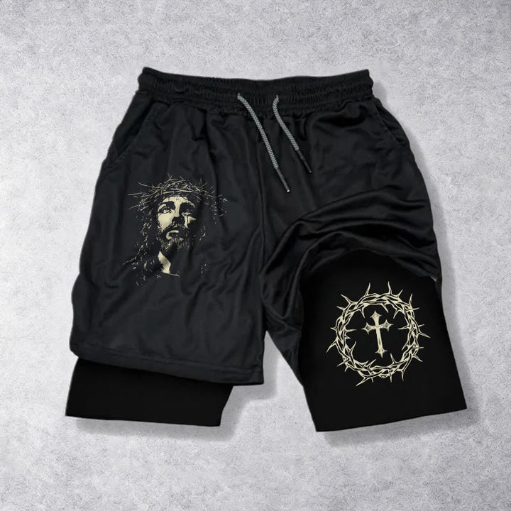 Christianartworkshop Jesus & Crown of Thorns Cross Performance Layered Shorts - image 10