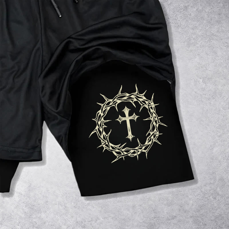 Christianartworkshop Jesus & Crown of Thorns Cross Performance Layered Shorts - image 15