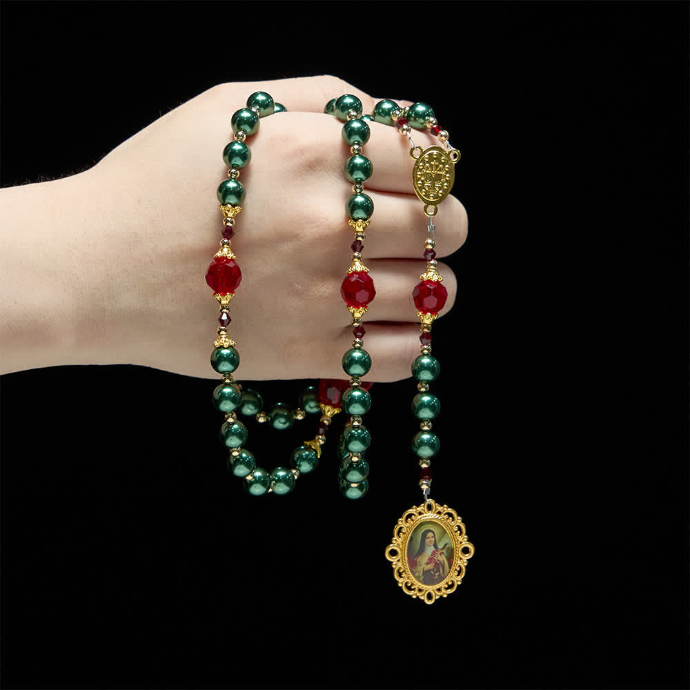 Christianartworkshop Vintage Dark Green St. Therese Medal Seven Sorrows Rosary with Ruby Red Accents - image 1