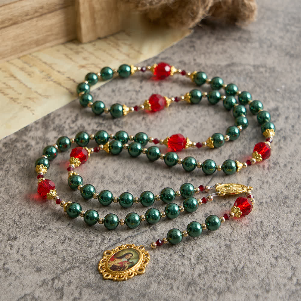 Christianartworkshop Vintage Dark Green St. Therese Medal Seven Sorrows Rosary with Ruby Red Accents - image 5