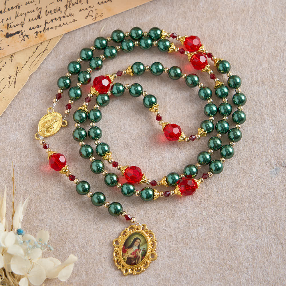 Christianartworkshop Vintage Dark Green St. Therese Medal Seven Sorrows Rosary with Ruby Red Accents - Our Lady & Crucifix - image 0